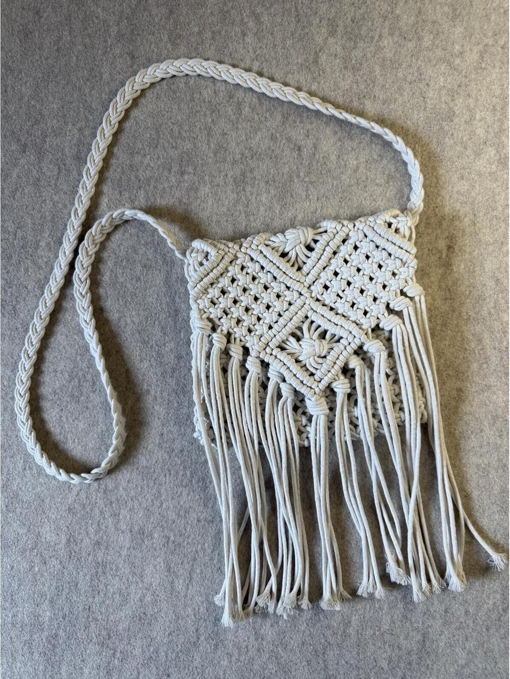 Macrame Crochet Fringe Cotton Off White Crossbody Bag Shoulder Strap Boho